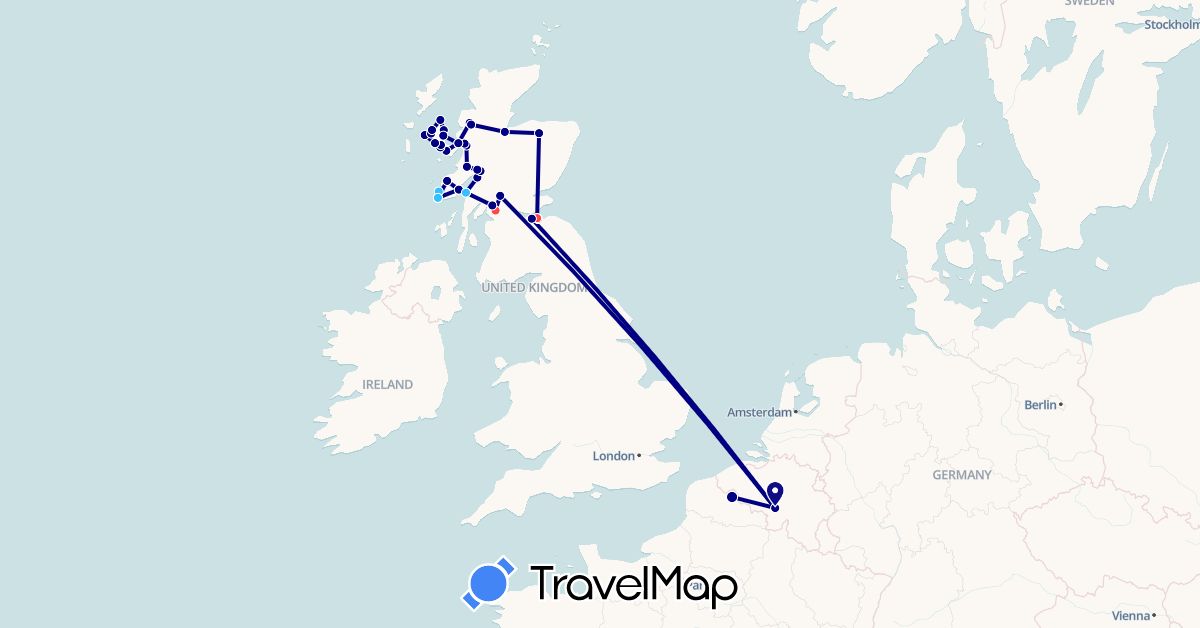 TravelMap itinerary: driving, bus, hiking, boat in Belgium, France, United Kingdom (Europe)
